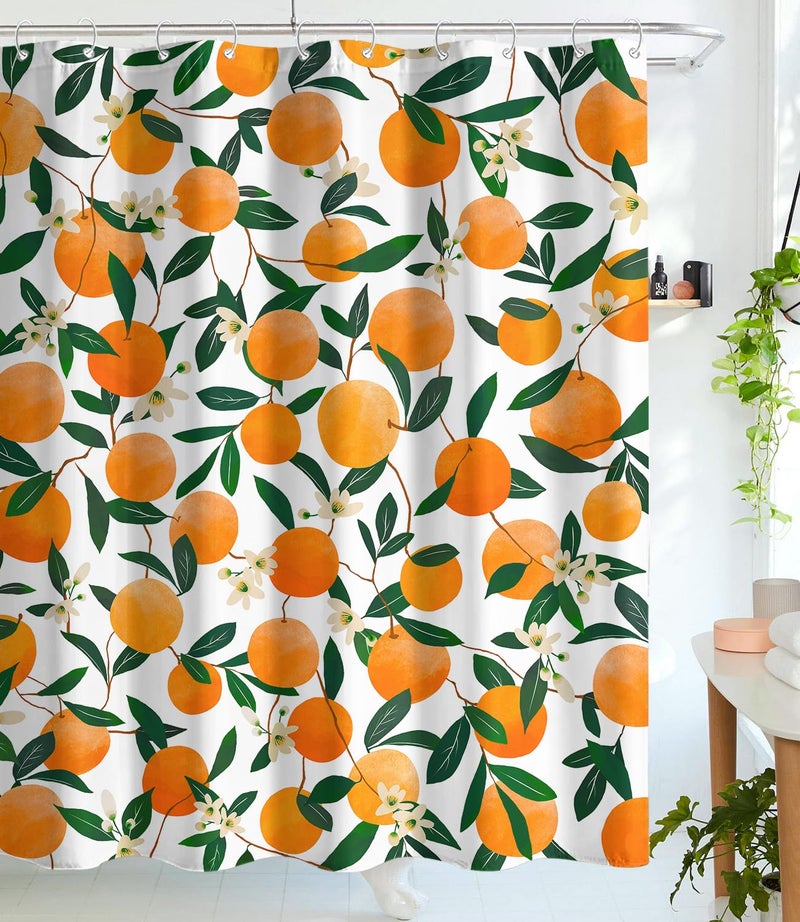 Lifeel Orange Shower Curtain, Allover Fruits Round Citru Pattern Design Waterproof Fabric Bathroom Curtains Set with 12 Hooks, Orange Green 72Ã—72 inch - Image 1